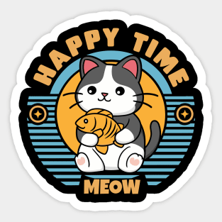 Cute Happy Time Meow Cat With Fish Retro Design Sticker